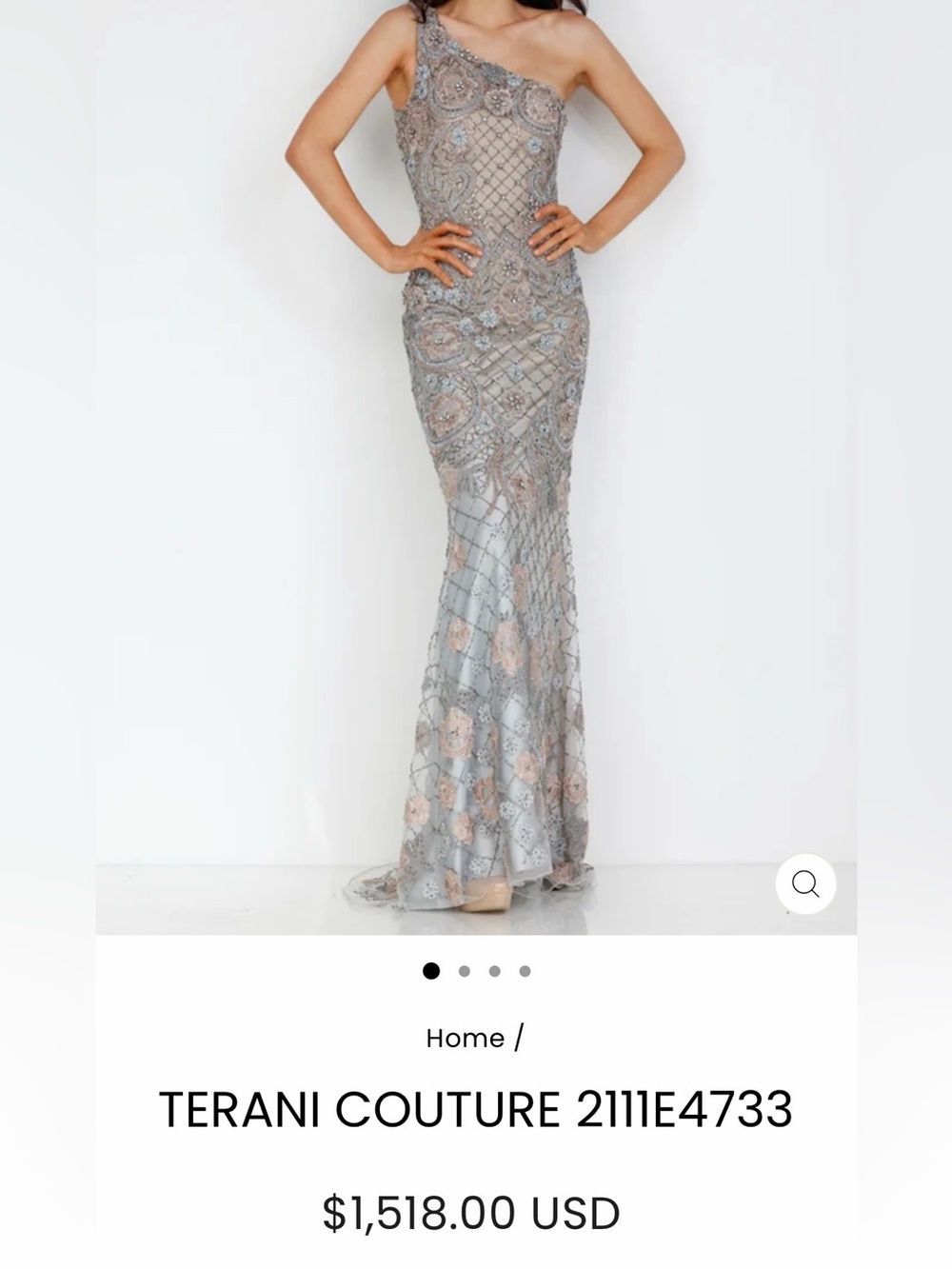 Terani Couture One-Shoulder Beaded Gown in Silver and Blush. Originally $1,518
